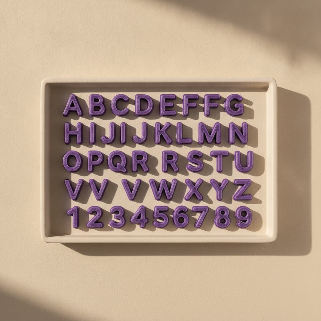 Rows of violet 3D-printed alphabet and number cookie cutters in an ivory tray.