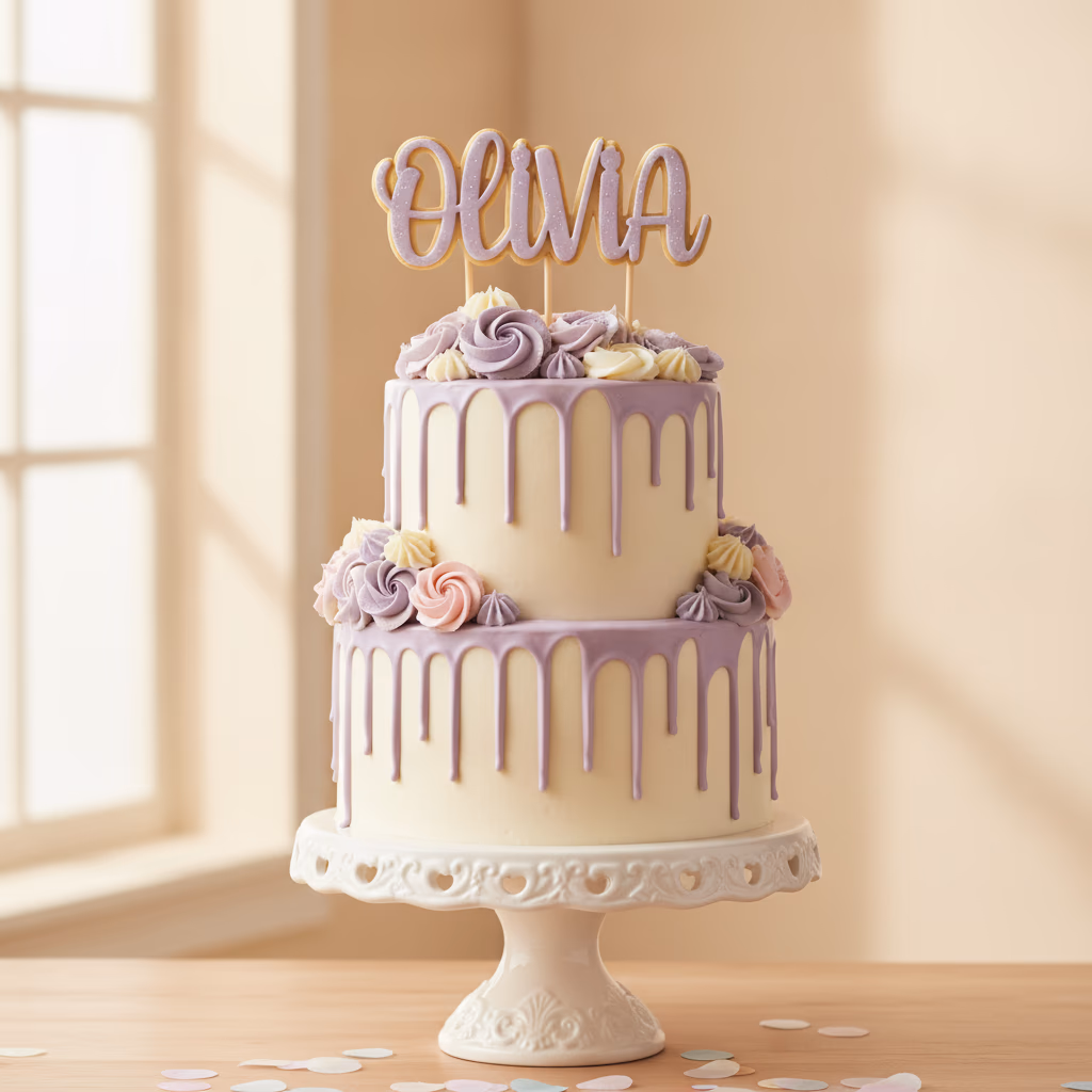 Birthday cake with violet drip glaze and a custom name cookie topper