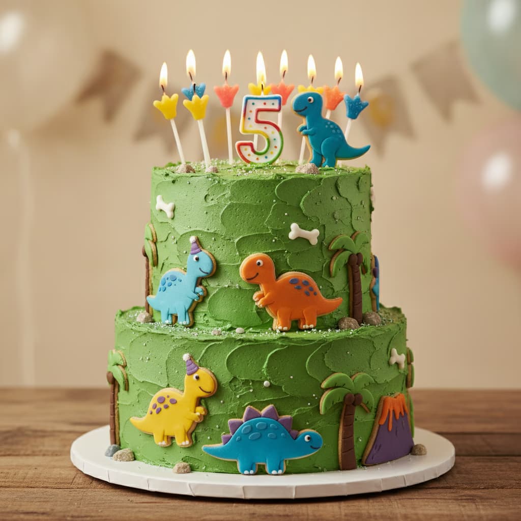 Dinosaur-themed kids birthday cake with cookie cutouts