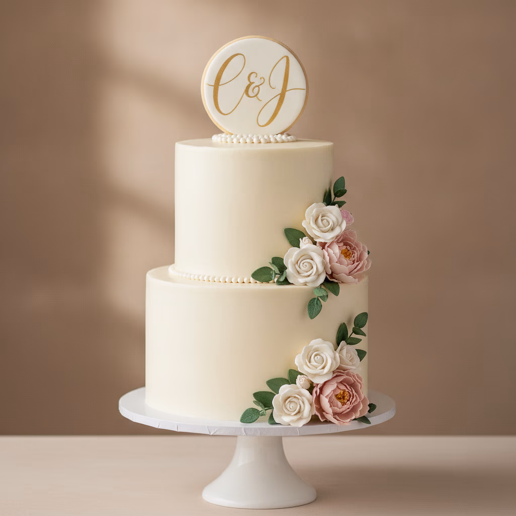 Two-tier wedding cake with sugar flowers and a monogram cookie topper