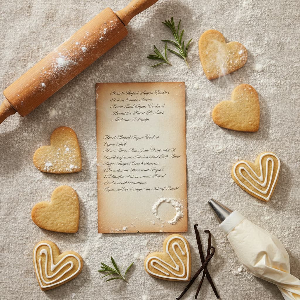 A baker's recipe workspace with fresh heart-shaped cookies, a recipe card, and a rolling pin
