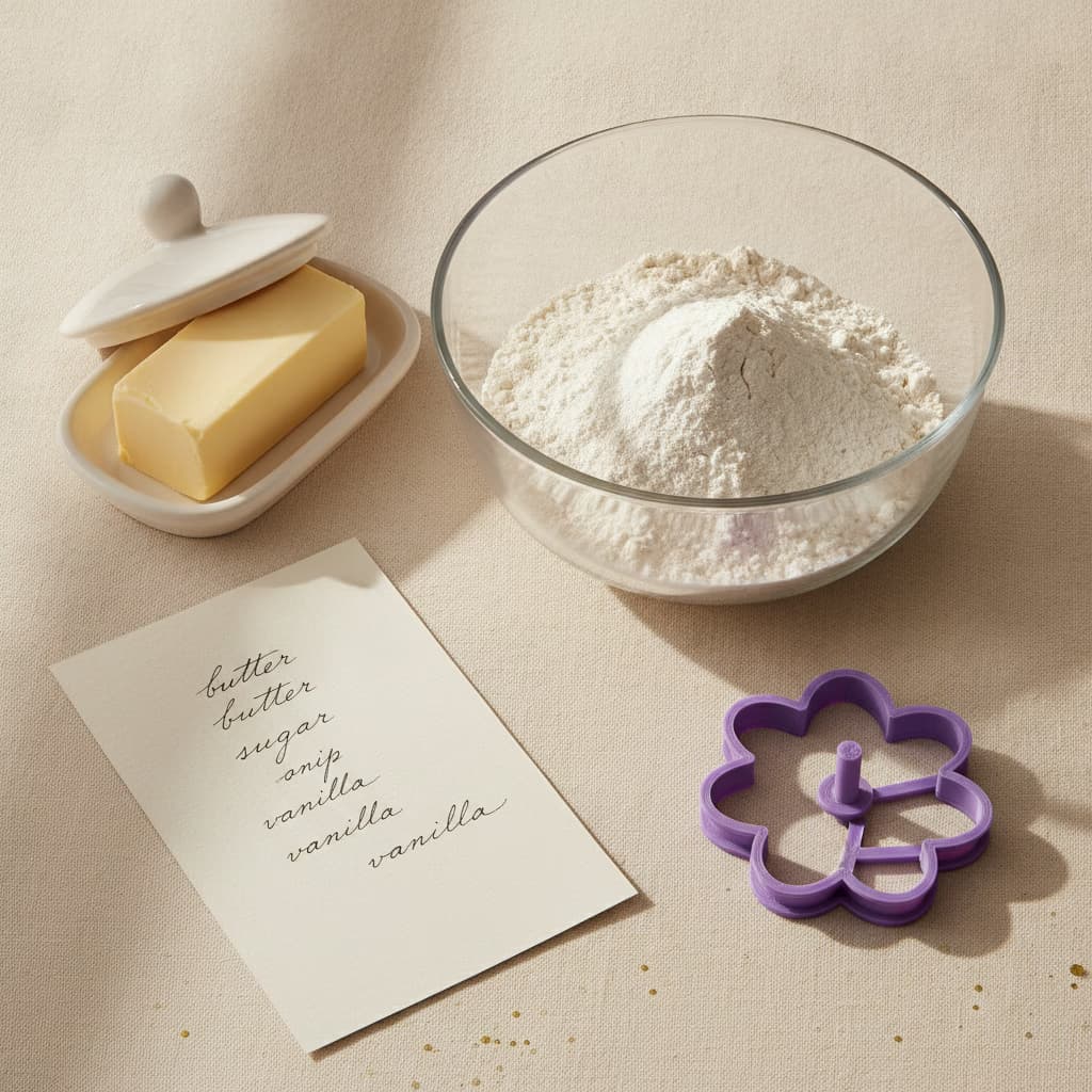 A baker’s workspace with flour, butter, a recipe card, and a violet flower-shaped cutter.